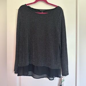 INC International Concepts Black Textured Blouse with Sheer Hem